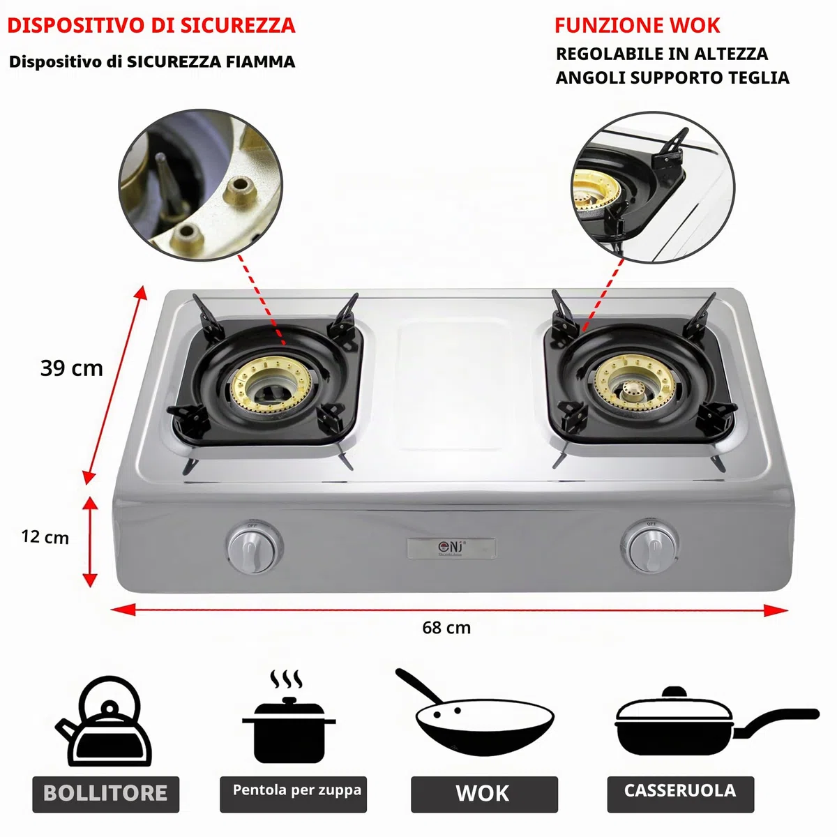 NJ NSD-2 Fornello a Gas - 2 Fuochi Piano Cottura Portatile Interna GPL