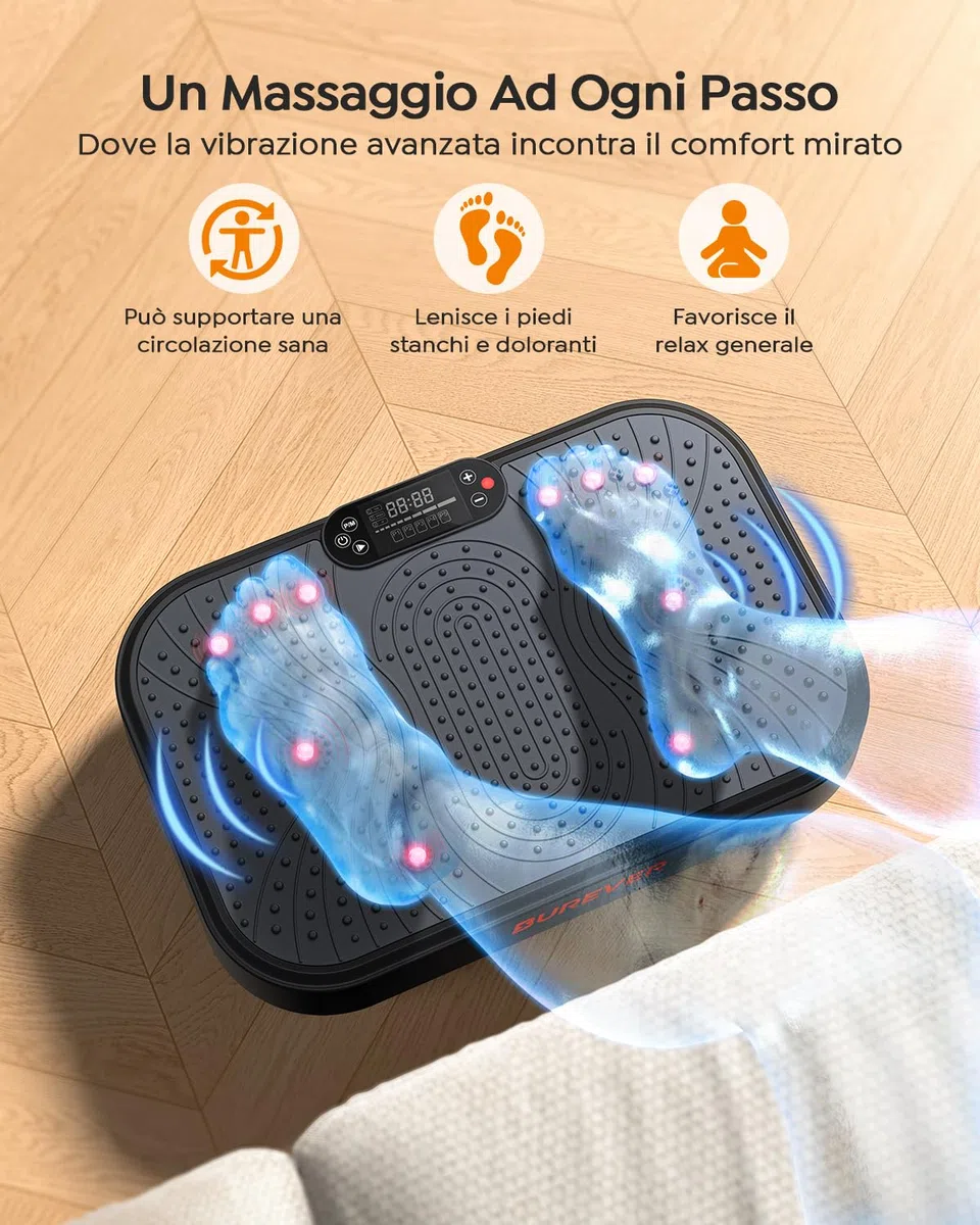 Pedana Vibrante Dimagrante, Vibration Plate Burever 150W, Massaggio Silenzioso ai Piedi, Sviluppo e Modellamento Muscolare, 99 Livelli, 5 Programmi di Allenamento, Telecomando, Fasce Elastiche
