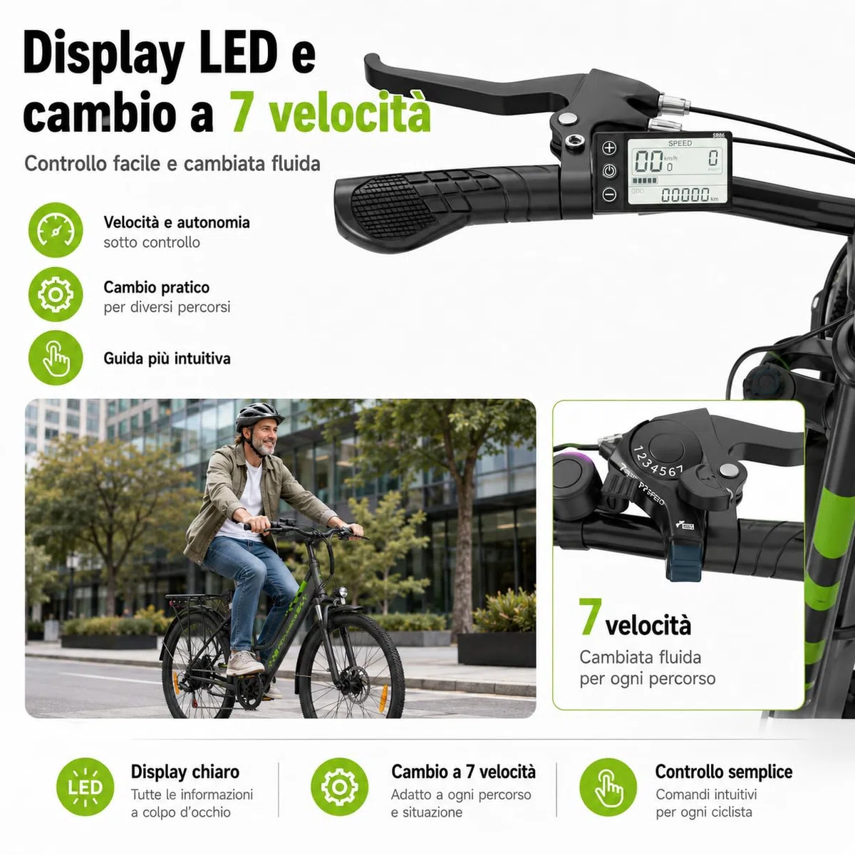 26" Bici Elettrica uomo donna,36V 15Ah Batteria Rimovibile Motore 250W,Autonomia fino a 100 km, 7 Velocità, Freni a Disco, Sospensione Anteriore City E-Bike for Urban Commuters