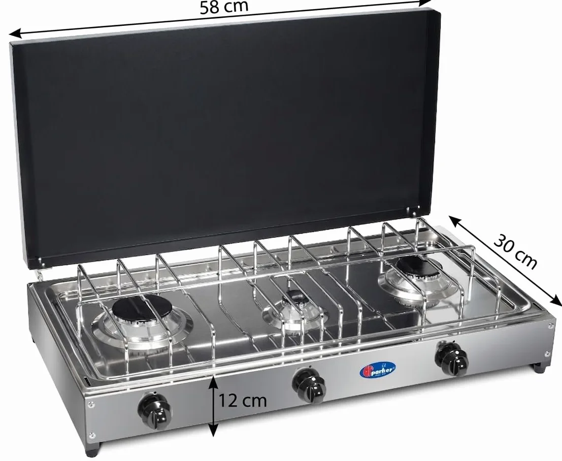 CFParker Fornello 3 Fuochi a Gas Metano con Pianale in Acciaio Inox e Coperchio Grigio Grafite per Uso Esterno - 5523GSPm