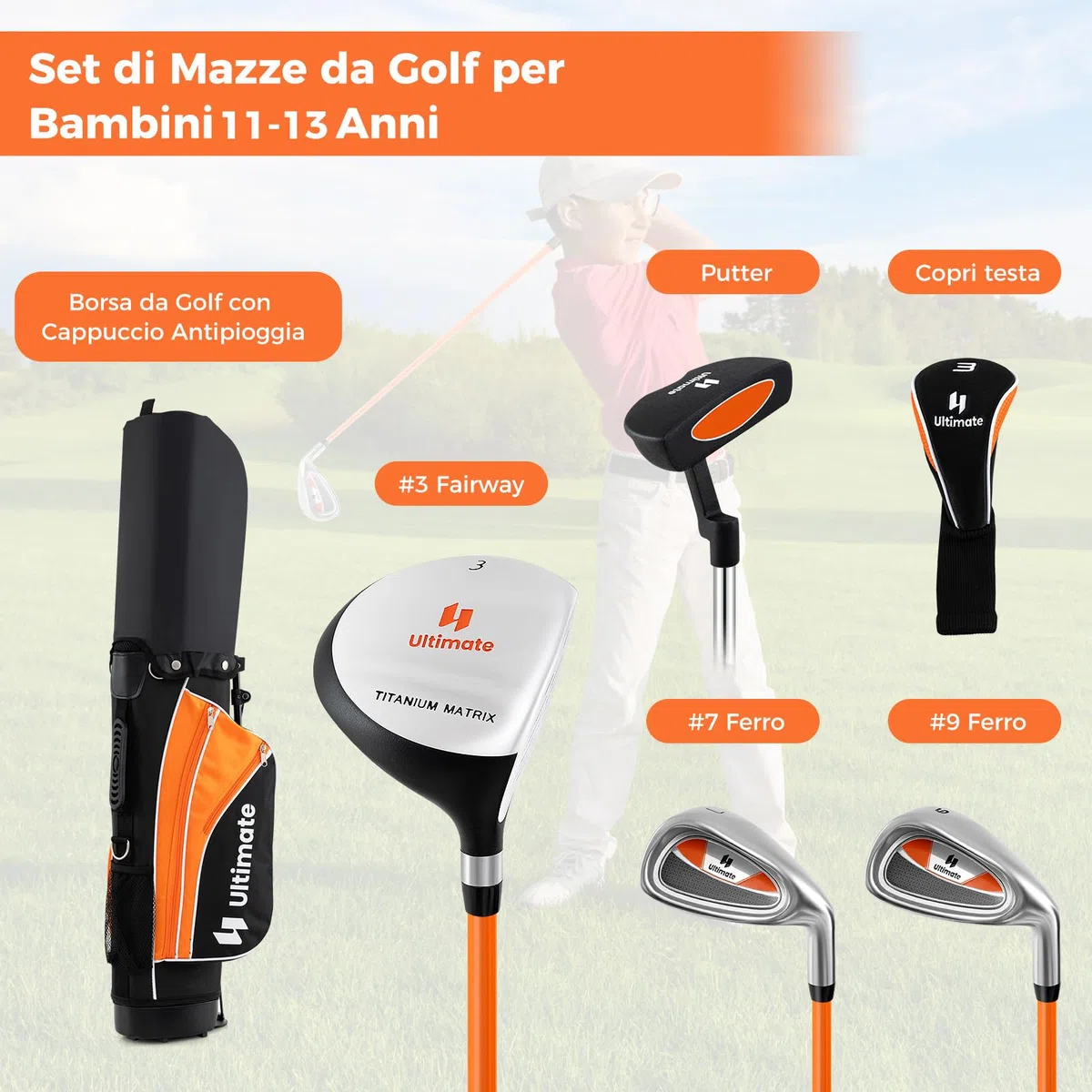 GYMAX Set Completo di Mazze da Golf per Bambini, Include 205CC #3 Fairway, Ferri #7 & #9, Putter, Copritesta, Sacca da Golf Portatile con Cappuccio Antipioggia, per Ragazzi 8-10/11-13 Anni