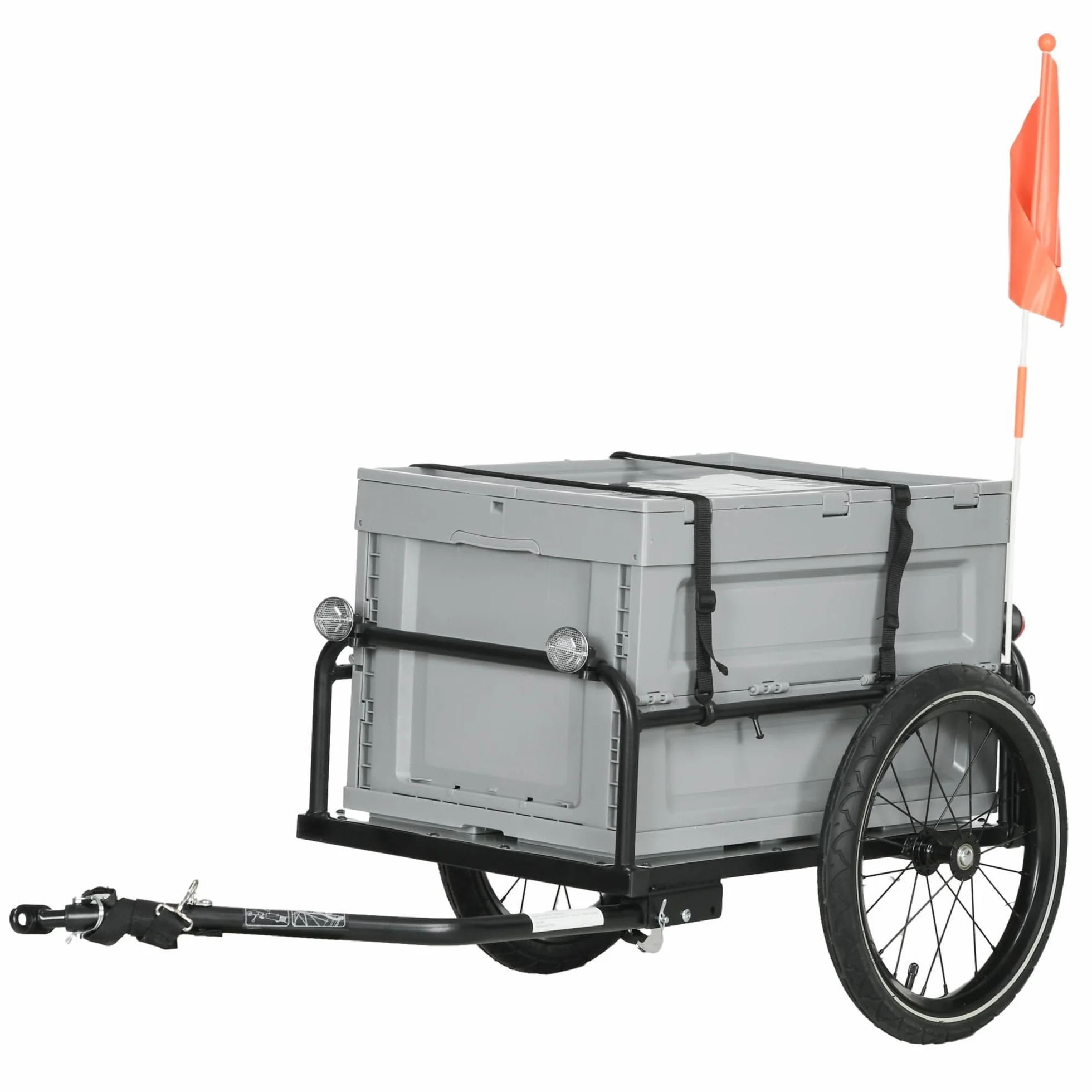HOMCOM Rimorchio Carrello da bicicletta con vano portaoggetti rimovibile e pieghevole da 65 l, pneumatici e riflettori di sicurezza, carico massimo 40 kg, grigio
