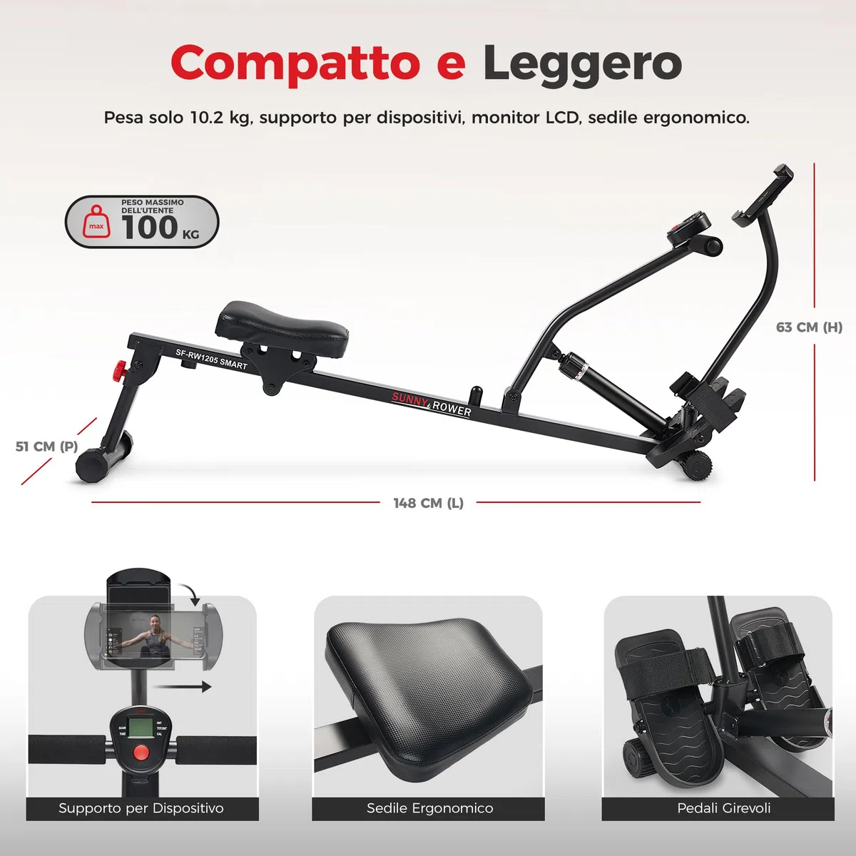 Sunny Health & Fitness Vogatore Compatto Regolabile per Casa, Attrezzatura Cardio con 12 Livelli di Resistenza per Allenamenti Completi del Corpo e Connessione Avanzata con App SunnyFit Gratuita