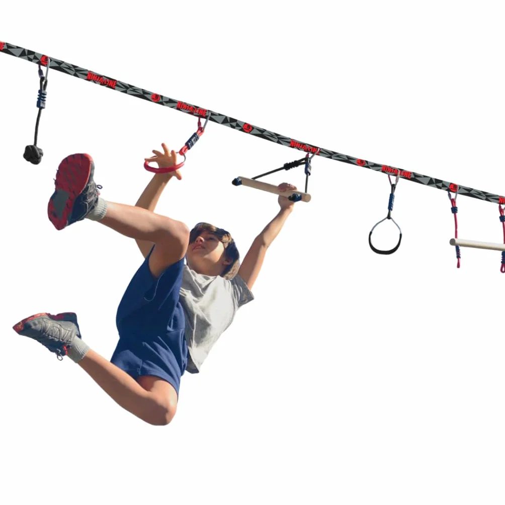 Slackers Ninja Line Starter Set - Percorso ad Ostacoli all'aperto e Slackline per Bambini dai 5 Anni in su - Set Completo con Slackline da 11 m, 7 Ostacoli, cricchetto e Borsa per Il Trasporto