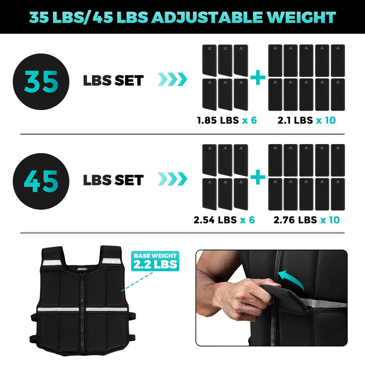 ONETWOFIT Gilet con pesi uomo regolabile da 20 kg,Gilet zavorrato per camminare con cerniera/16 pesi in silicone/Ferro, per allenamento della forza,camminata,palestra,strisce riflettenti