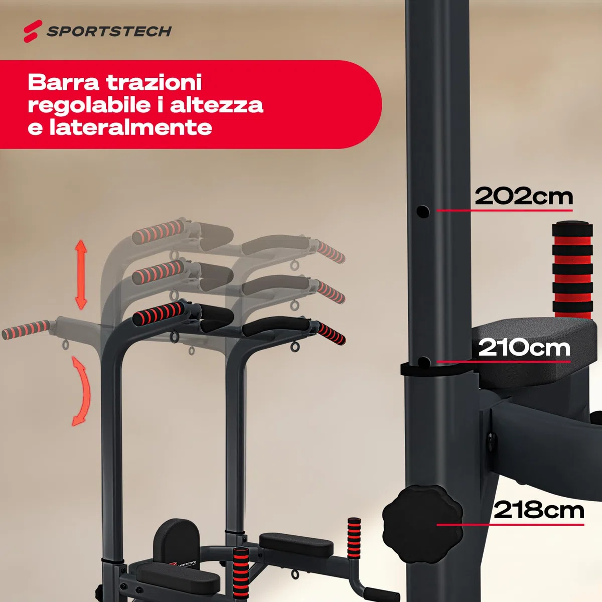 Sportstech Power Tower PT300 | Stazione di allenamento multifunzionale 7 in 1 | Torre per bodybuilding per trazioni e dip | Impugnature per flessioni + Anelli per corde di resistenza e sospensione