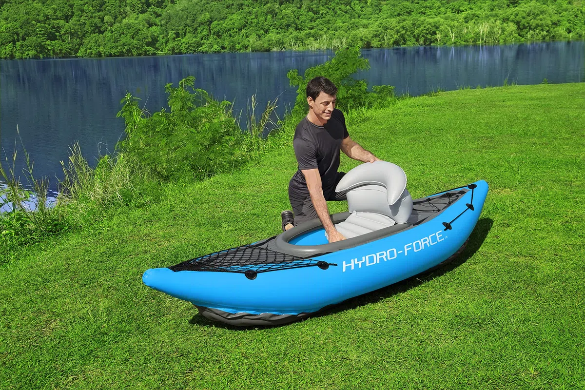 Hydro-Force Cove Champion, set kayak gonfiabile per 1 persona con pompa a mano, pagaie, borsa per il trasporto, blu