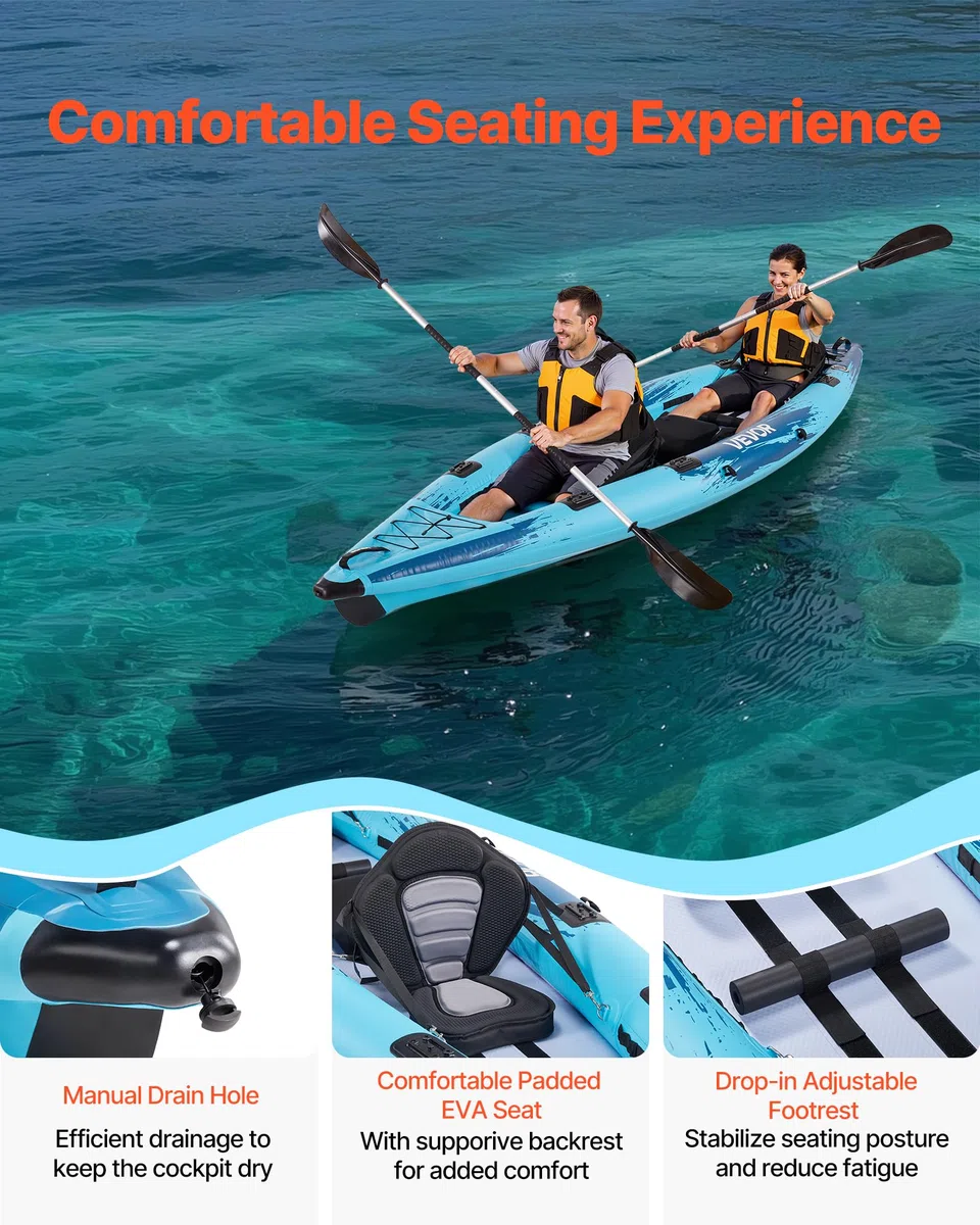 VEVOR Kayak Gonfiabile per 2 Persone, Capacità 317,5 kg, Resistente a Perdite e Forature, con Seduta Imbottita, Pavimento in PVC, 2 Pagaie, Pompa a Mano, Borsa Trasporto, per Pesca e Campeggio