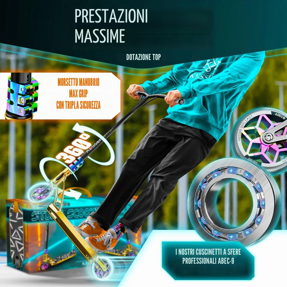 KESSER® monopattino acrobatico GT-Limit 360° sterzo divertente acrobatico con supporto ABEC 9 cuscinetti a sfera, ruote in PU da 110 mm, Scooter