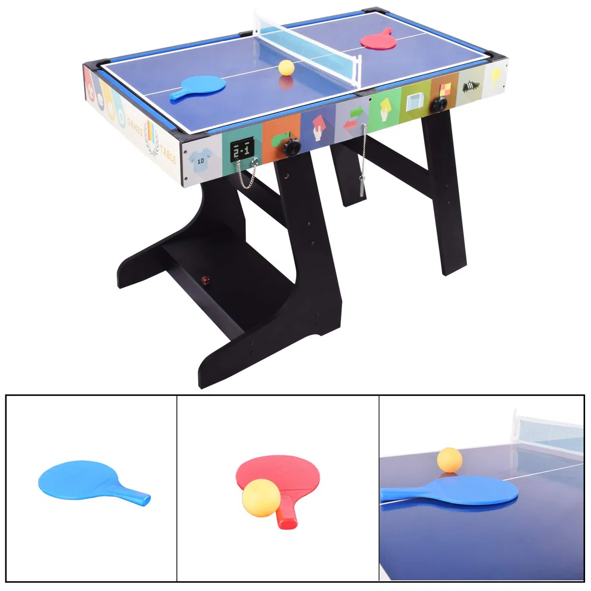 Tavolo da Gioco Pieghevole 4 in 1 Muliti: Biliardo/Snooker, Calcio, Ping Pong, Hockey ad Aria Con Scatola Portaoggetti, 1,2 m