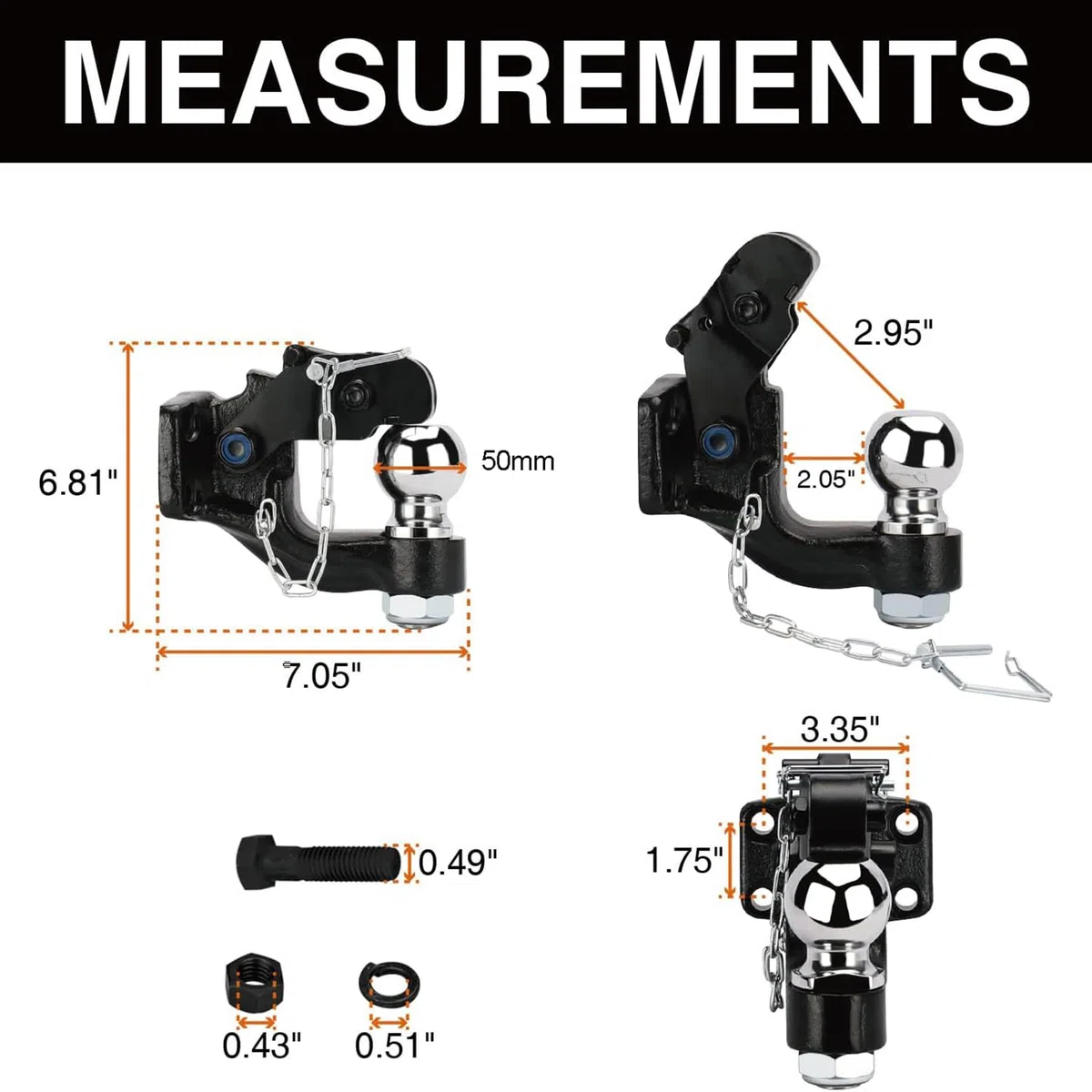 HEYOUTH Gancio di traino Ø 50mm Testa a sfera, fino a 8000kg/8T Giunto combinato Testa di accoppiamento in nero, Gancio di traino a sfera, per Transporter, Pick-Up, Auto Quad, Trattore e molto altro