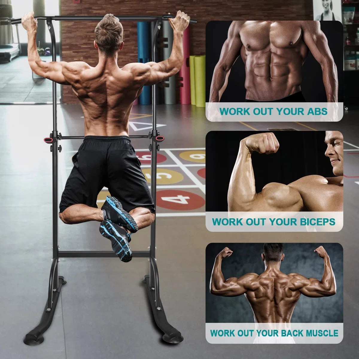 Power Tower Stazione di fondi con barra di trazioni per allenamento, altezza regolabile, supporto multifunzione per fondi per palestra a casa, attrezzature per il fitness