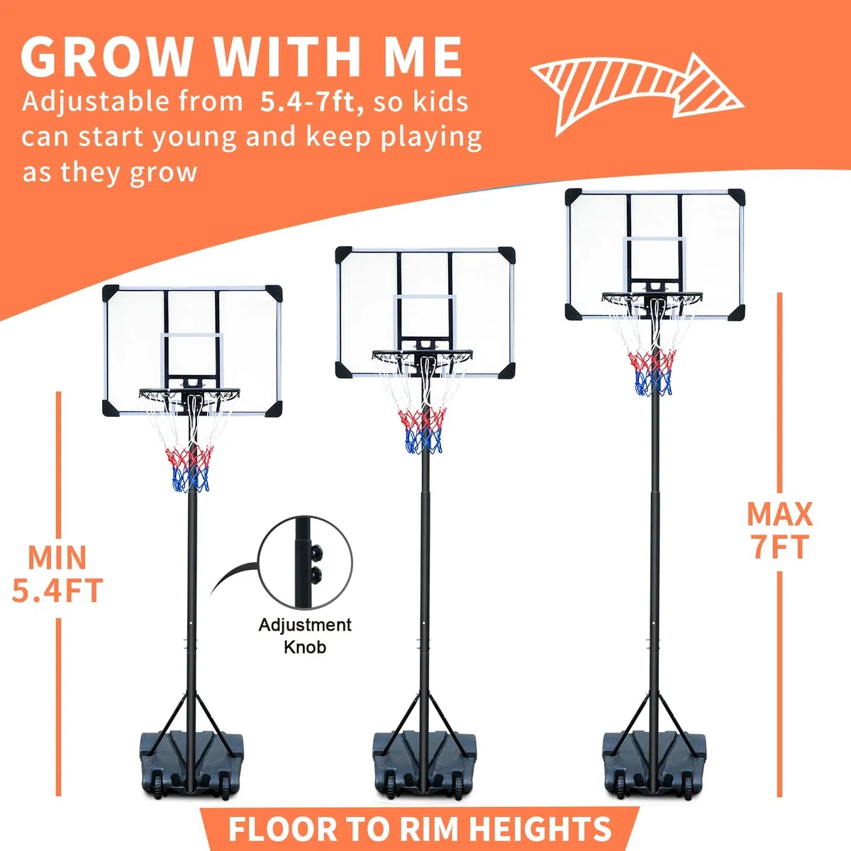 HIONRE Set di canestro da basket trasparente da 2,1 m, professionale, per esterni, con ruote, altezza regolabile 165 cm-213 cm, nero