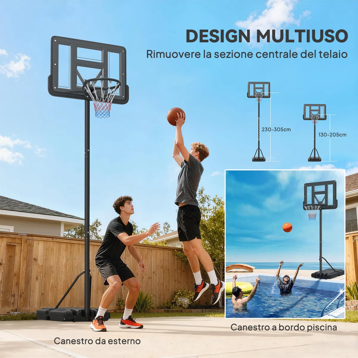 SPORTNOW Canestro Basket ad Altezza Regolabile per Giardino e Piscina con Base Riempibile e Spazio per Palla, in Acciaio, Plastica e HDPE, 110x75x195-370 cm, Nero