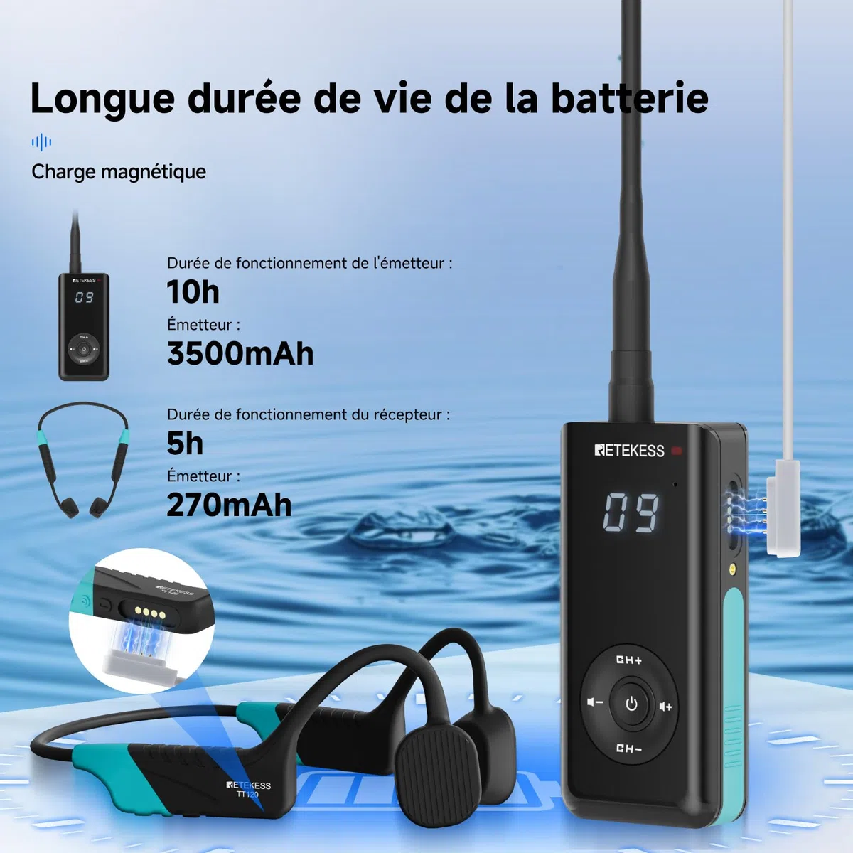 Retekess TT120 Comunicatore Subacqueo, Cuffie da Nuoto a Conduzione Ossea, IP68 Impermeabile, 120 m, Sistema di Comunicazione Per Allenamento,Club di Nuoto, Coaching (1 Trasmettitore, 2 Ricevitori)