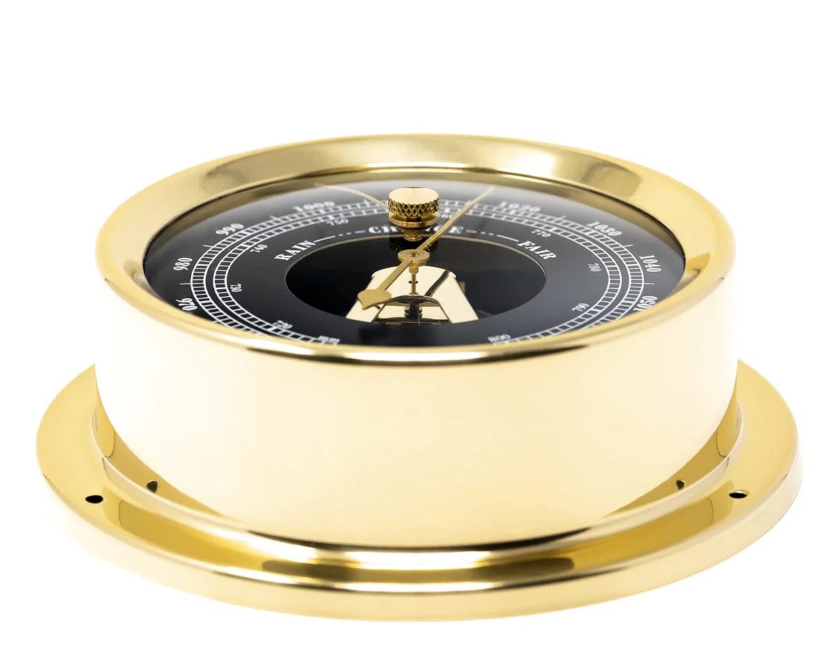 Fischer 1508B-45.6 - Barometro interno marittimo - 125 mm, quadrante nero, cassa in ottone Made in Germany