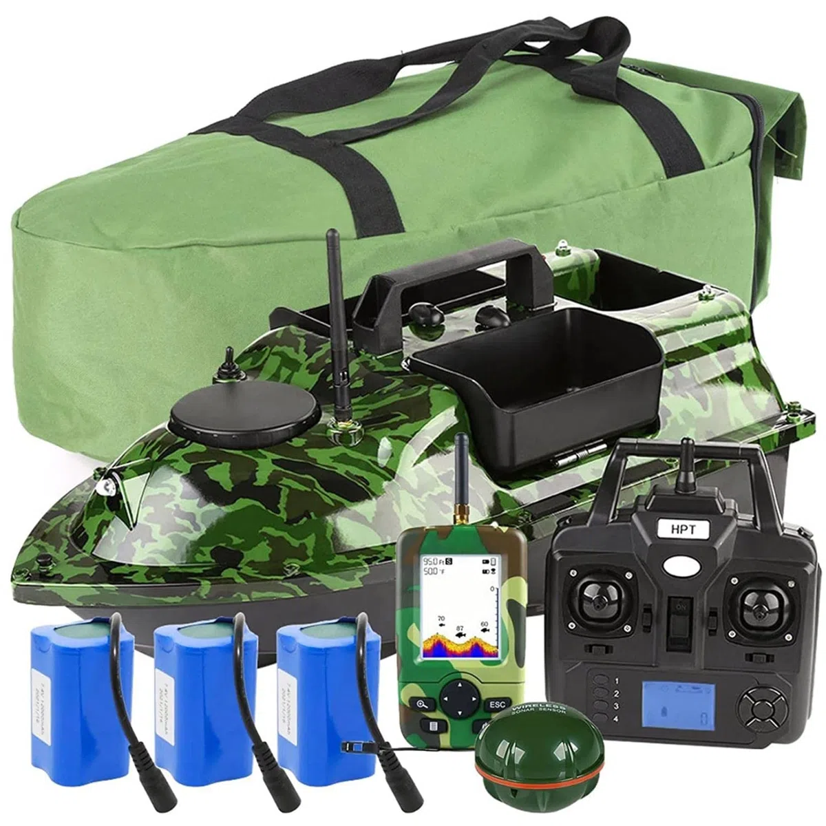 Barca Telecomandata Cercatore di Pesci da Pesca Portatile, Barchino Carpfishing con GPS, Doppio Motore e Eliche, Batterie da 5200 mAh, 16 Punti di Pesca, Ecoscandaglio 0.6-45 m