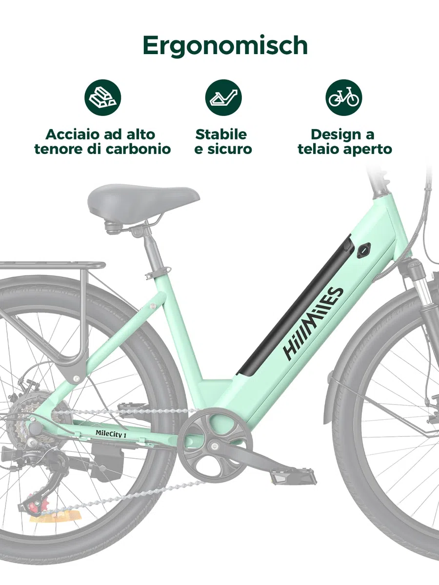 HillMiles Bici Elettrica Per Adulti Da 26", 7 Velocità Bicicletta Elettrica da 36V 13Ah Batteria Rimovibile, 25km/h & Autonomia di 80-100km E-bike Per Pendolari Urbani, IP65 impermeabile