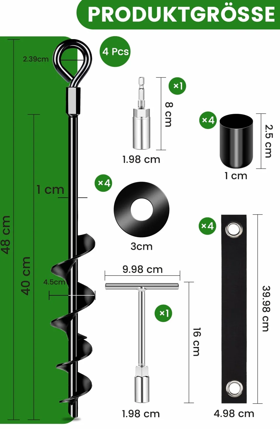 Ancoraggio a terra 48 cm, confezione da 4 con cinghie resistenti, ancoraggio a terra da avvitare nel terreno per tende, altalene, tettoie, particolarmente stabili e facili da installare