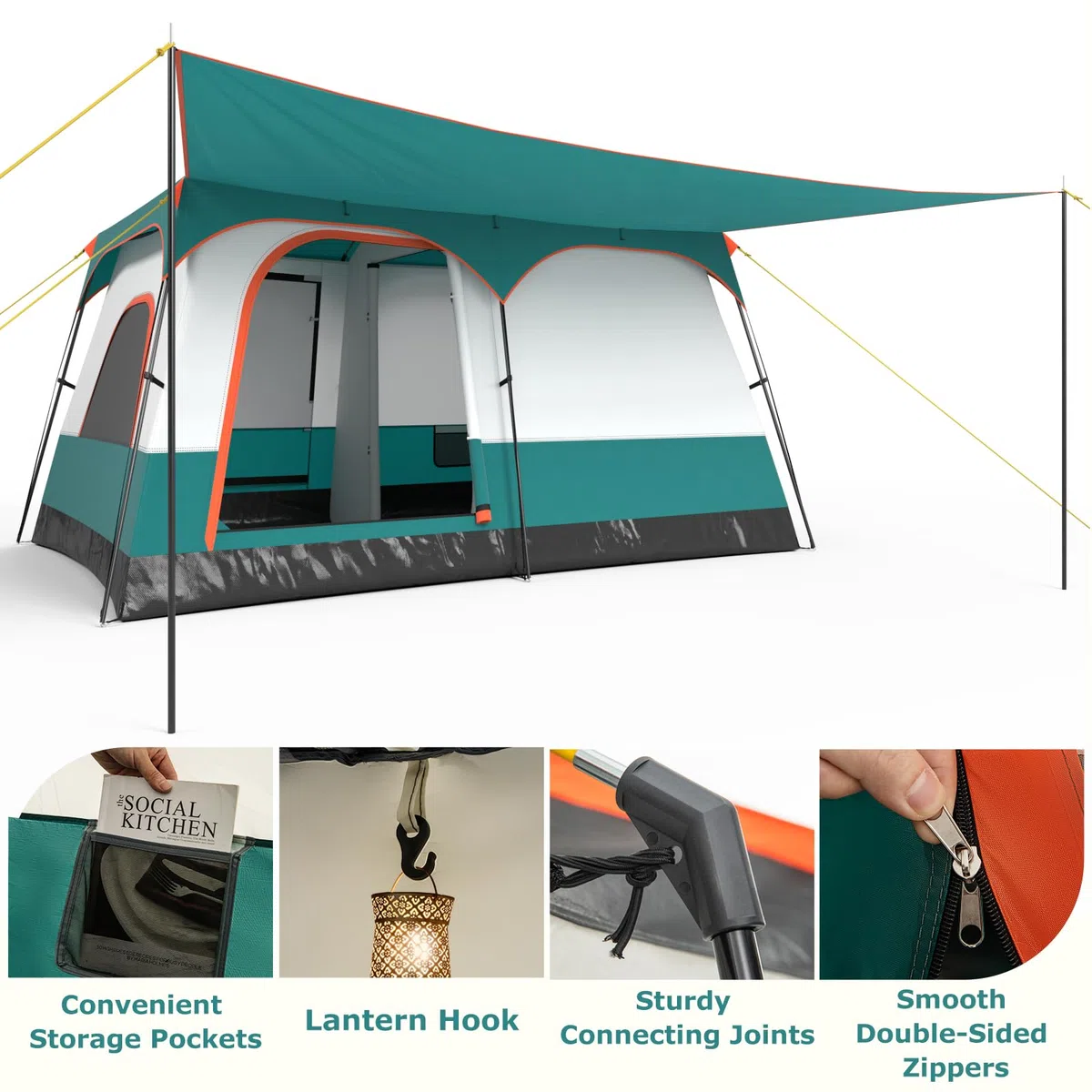 HOMASIS Tenda Campeggio con Portico e 2 Camere, Tenda Familiare da Esterno con 2 Finestre e 2 Porte, Gancio per Appendere la Lampada, Tasca Portaoggetti, Borsa da Trasporto, Grigio e Verde