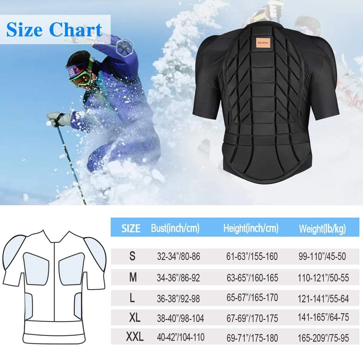 BenKen Manica Corta Protettore Shirt per Adulti, Petto Posteriore Spine Protector Vest Regolabile, Donna Uomo Body Guard Armatura Protettiva Sport Body Armor Jacket (L)