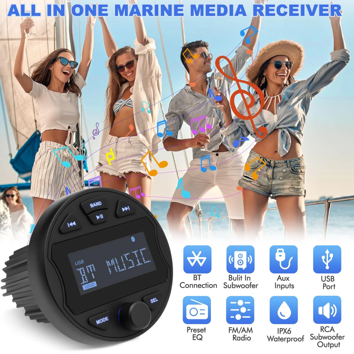 MP3 Ricevitore Stereo marino con funzione Radio digitale AM/FM, USB BT & IPX6 impermeabile per natante e uso professionale