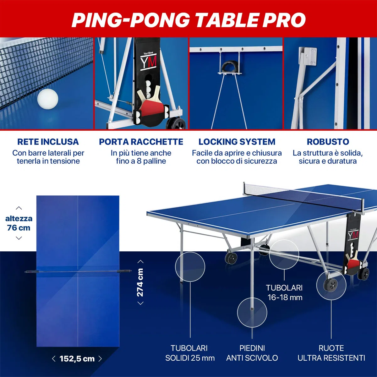 YM Tavolo Ping Pong Interno Pieghevole Indoor Drago - Dimensioni Ufficiali da Torneo 274 x 152,5 x 76 cm - Route per Il Trasporto - Racchette e Palline Omaggio Incluse - Sistema Twin Multi Security