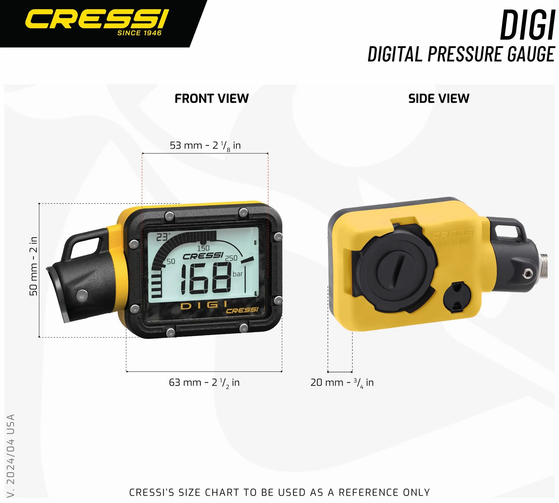 Cressi digi - Manometro Digitale con Attivazione Automatica per Immersioni, Colore Giallo, Disponibile in Versione Bar o PSI - Adulto Unisex