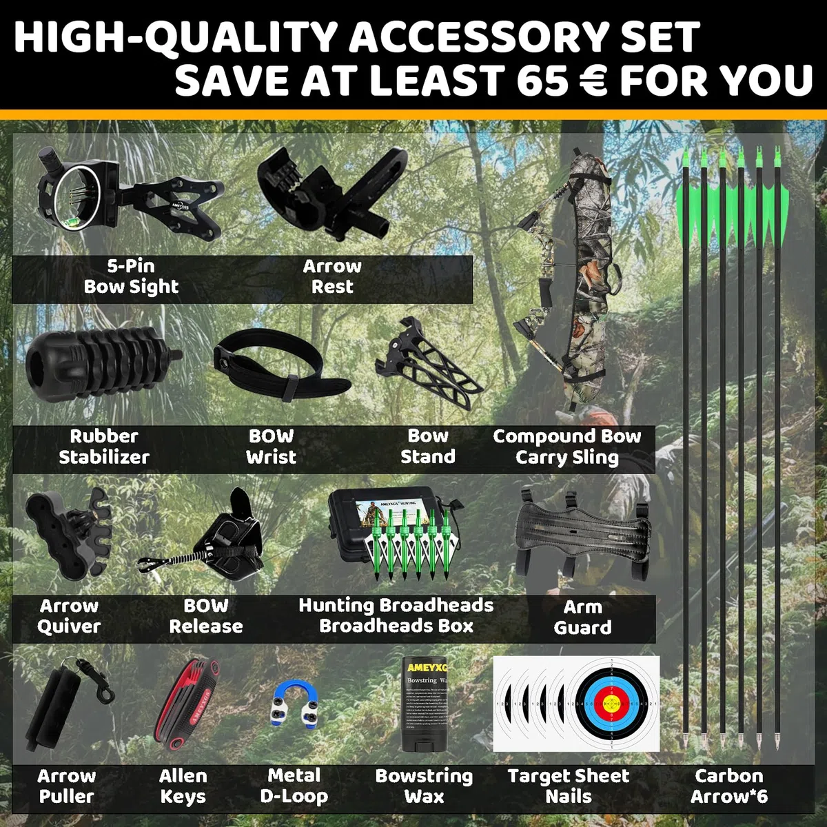 Set Arco Compound Premium 0-70lbs Regolabile con 320FPS, Corpo Magnesio Ultra-Leggero, CNC Dual-Nockensystem, Kit Completo per Adulti e Principianti - Nero e Camouflage