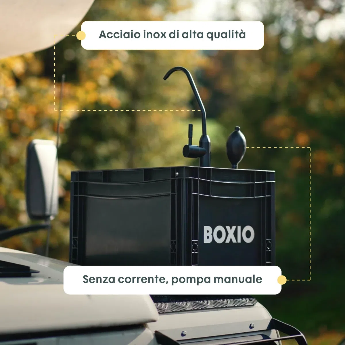 BOXIO Lavandino Portatile con Pompa a Mano, Tanica Acqua con Rubinetto, Lavabo da Camper, Lavello da Campeggio con Rubinetto in Plastica Nero, Accessori ed Attrezzatura da Campeggio