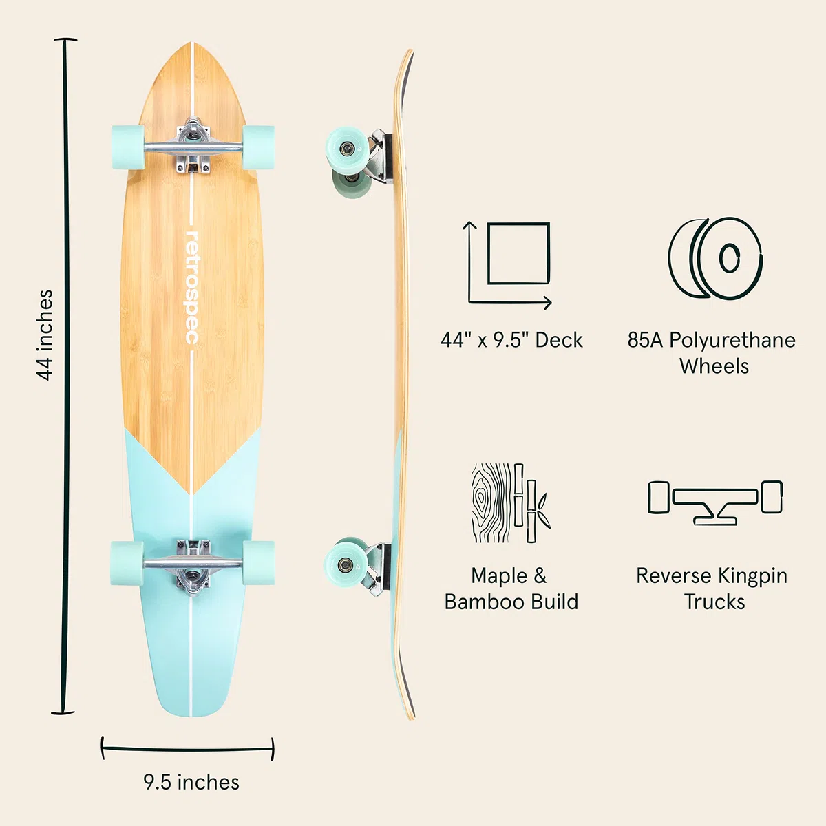 Retrospec Zed Longboard Pintail - Skateboard lungo in bambù