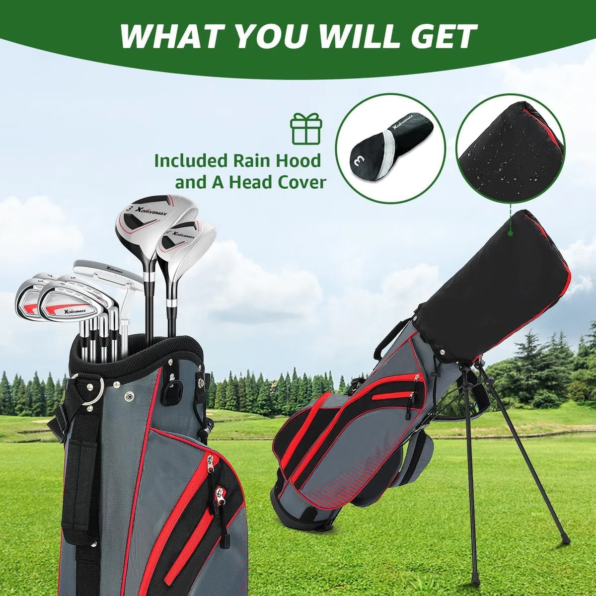 XDriveMax Set completo di mazze da golf da uomo con mano destra/sinistra, 8 pezzi, per uomo e donna, include borsa con cappuccio antipioggia, 3# legno fairway con copritesta, 5# ibrido, 5#, 7#, 9# S #