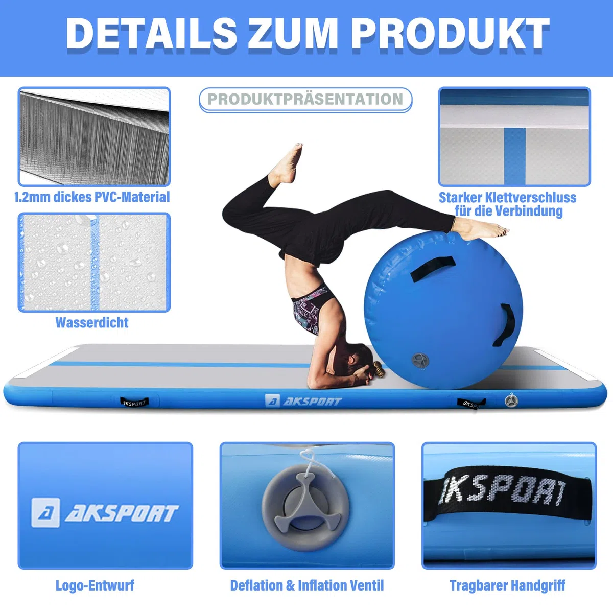 AKSPORT Tappetino ginnico gonfiabile con rullo ginnico a barile d'aria per tumbling posteriore/Yoga/Cheerleading/camminate all'indietro, con pompa d'aria