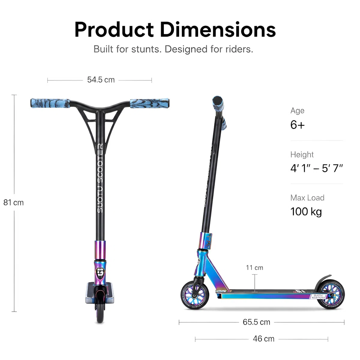 Monopattino Freestyle, Monopattino da Trick con Ruote in PU da 85A 110 mm, Stunt Scooter per Bambini Adolescente e Adulti, Capacità di Carico: 100 kg, Alluminio