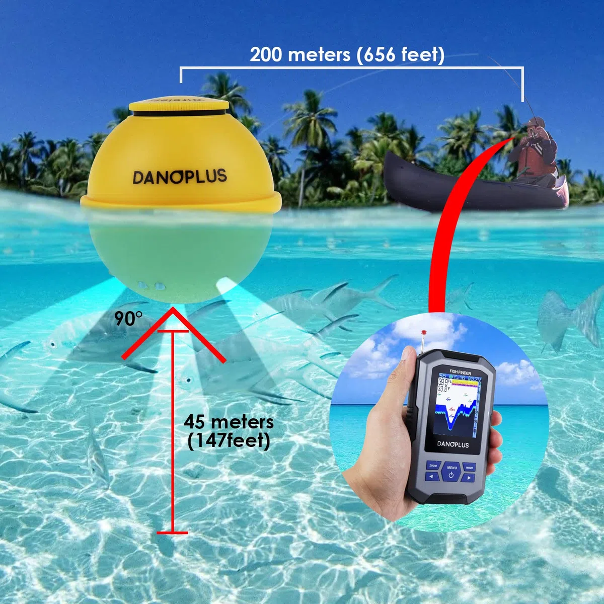 155 piedi Sensore Sonar Wireless Finder Portatile Sensore di Pesce Rilevamento Profondità Ricaricabile Accessori Pesca Kayak Barca Pesca Pesca Pesca Mare Ghiaccio