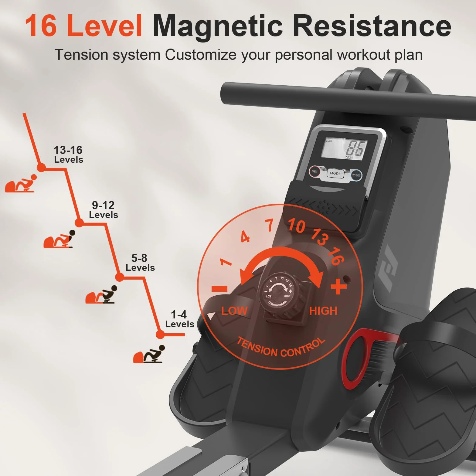 Vogatore Neezee con 16 livelli di resistenza magnetica, Vogatore per la casa, Vogatore Professionale per Casa, monitor LCD, Vogatore super silenzioso, design salvaspazio