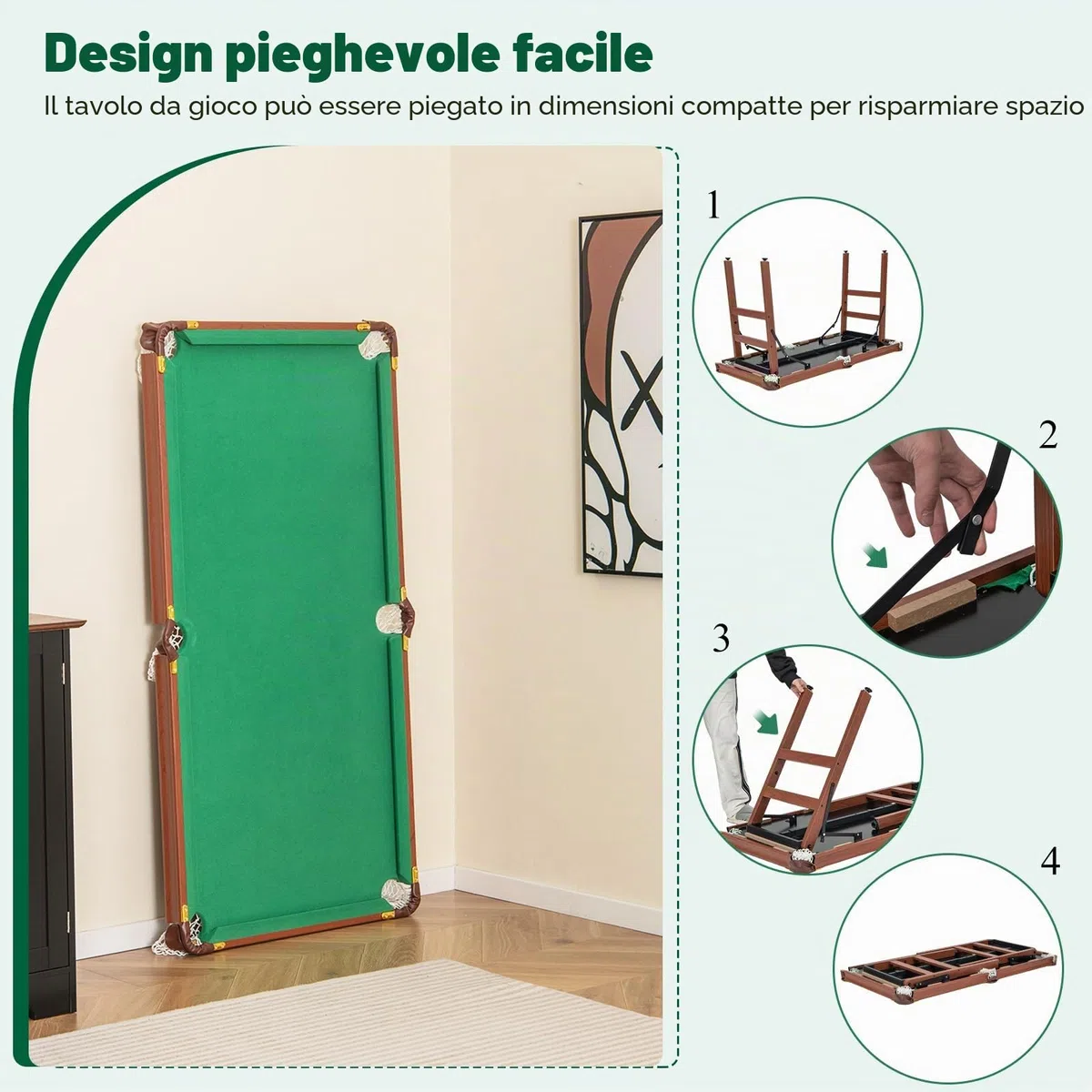 HOMASIS Tavolo da Biliardo Pieghevole, Mini Biliardo Portatile con 2 Tacche, 16 Palline, 2 Gessi, Triangolo, Spazzola, Gambe Regolabili, da Casa, Bar, per Bambini e Adulti, 138 x 67 x 79,5 cm