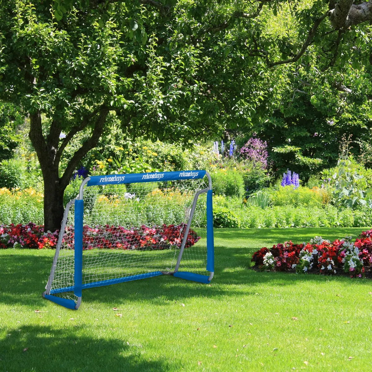 Relaxdays Porte da Calcio, Giardino, Set da 2 per Calcetto, Adulti e Bambini, in Metallo, con Rete, 110x150x75 cm, Blu