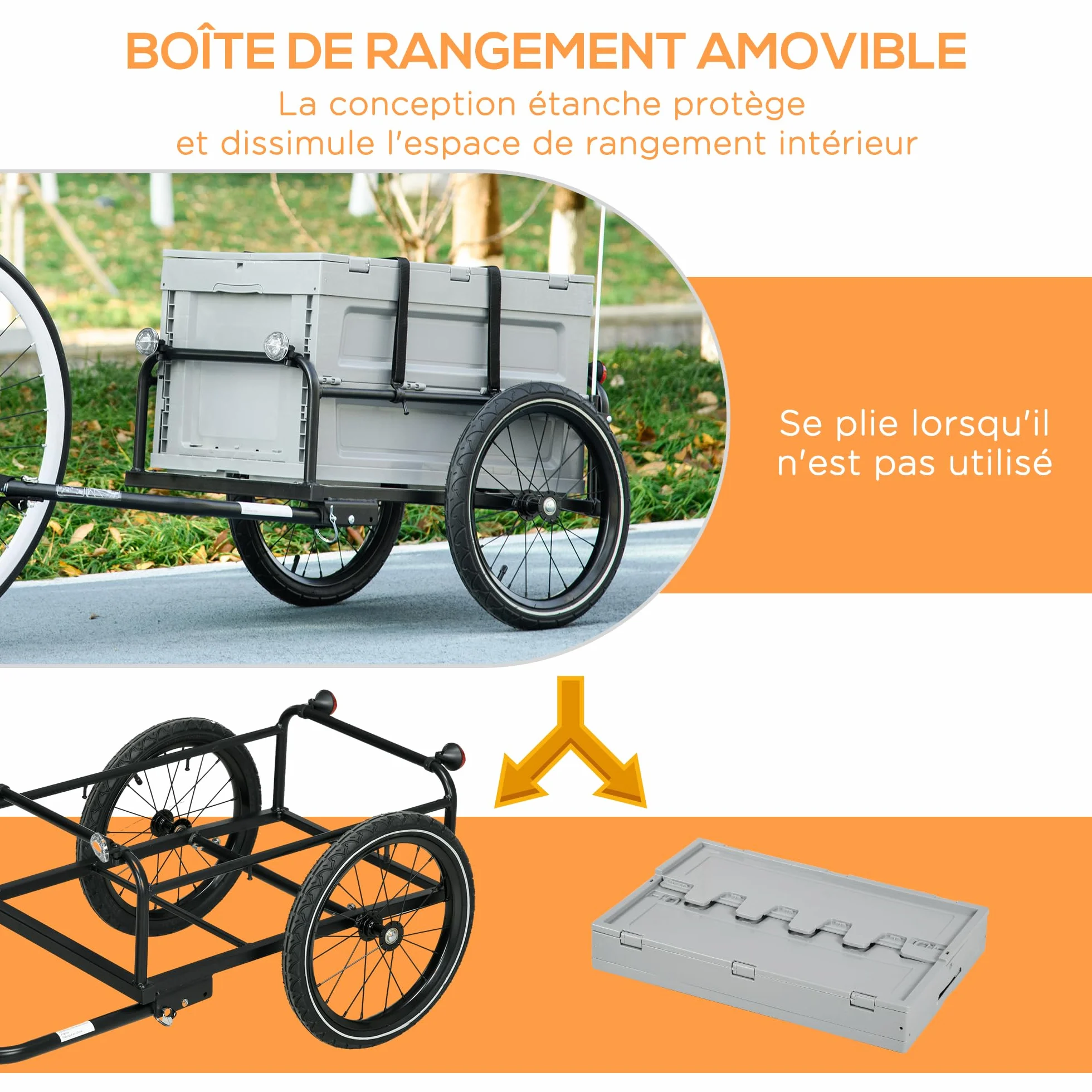 HOMCOM Rimorchio Carrello da bicicletta con vano portaoggetti rimovibile e pieghevole da 65 l, pneumatici e riflettori di sicurezza, carico massimo 40 kg, grigio