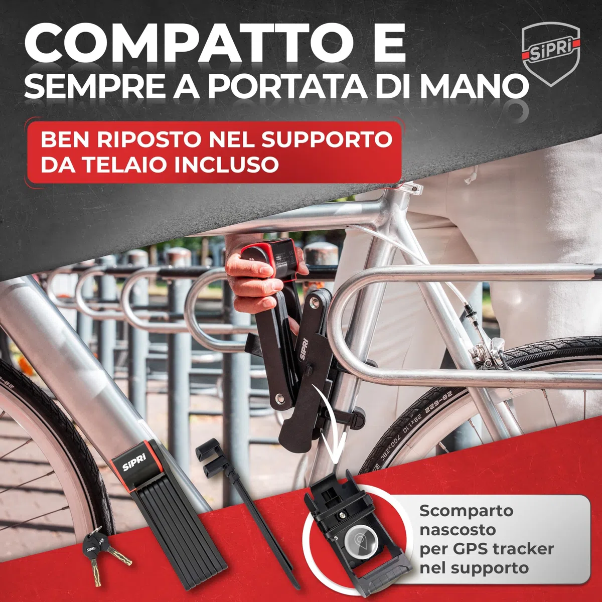 SIPRI Lucchetto pieghevole per bicicletta con allarme, 120 dB, pieghevole, ad alta sicurezza, per e-bike, scooter e moto, in acciaio da 8 mm, 116 cm, resistente alle intemperie, robusto lucchetto con