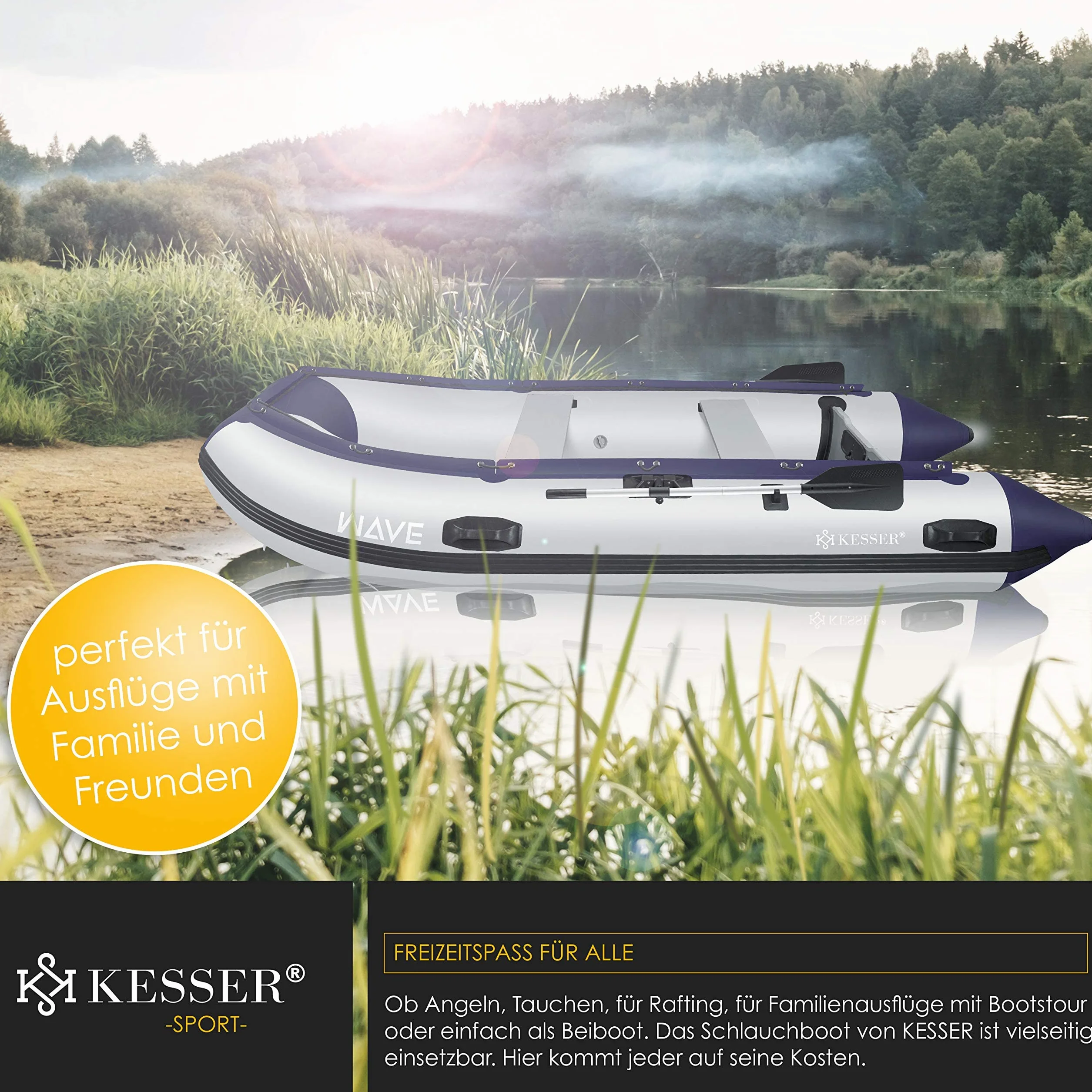 KESSER® Gommone di 3,20 m per 4 Persone - Compatibile con Motore Wave Imbarcazione da diporto Barca a Remi Barca a Motore Barca da Pesca - con 2 panche - Fondo in Alluminio Remi Pompa