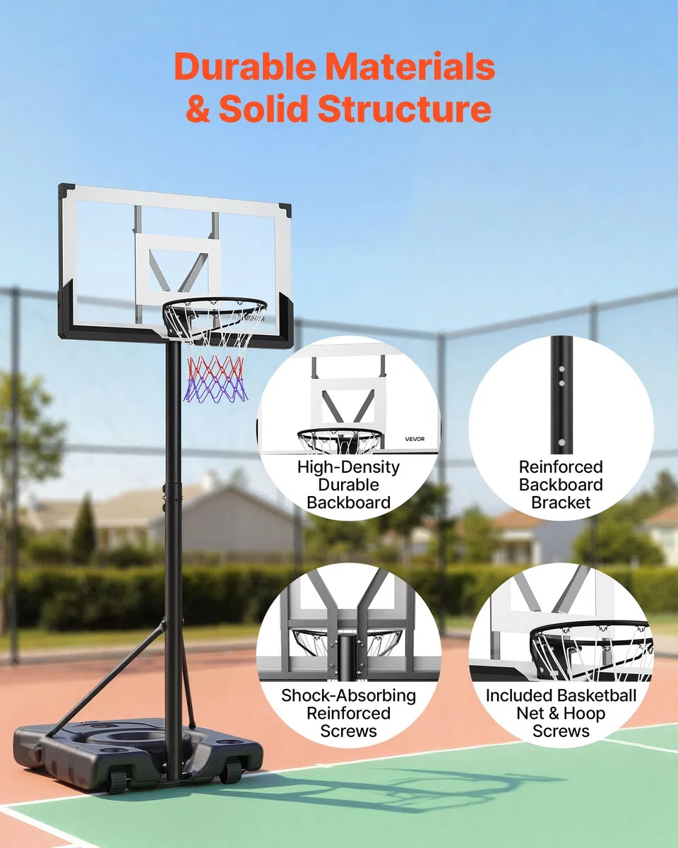 VEVOR Canestro da Basket da Esterno con Piedistallo Regolabile in Altezza Fino a 3,05 m con Ruote e Tabellone in PC da 1219,2 mm, Set di Tabelloni, Sistema di Canestro da Basket per Cortili, Piscine