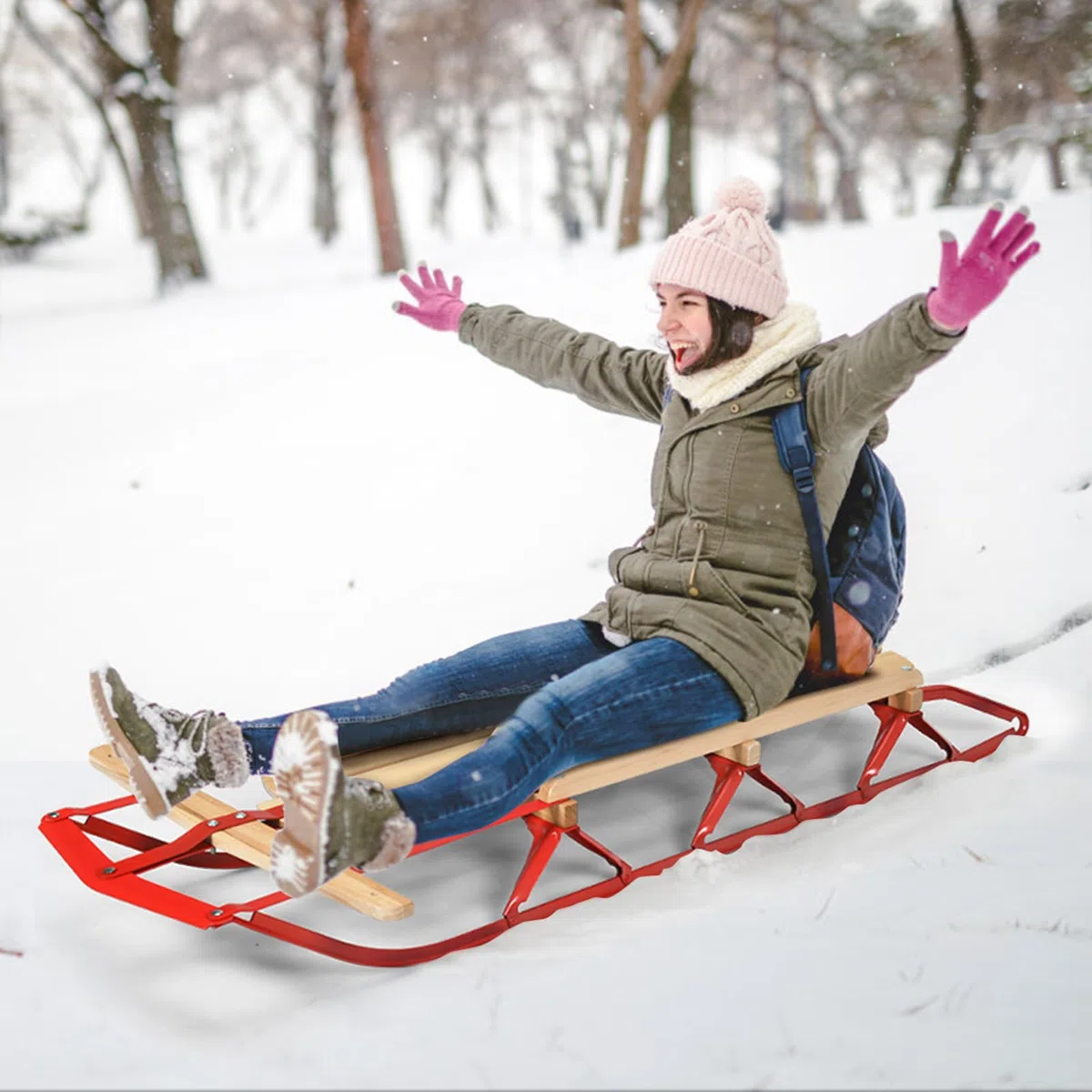 KOMFOTTEU Slittino in Legno e Metallo, Slitta da Neve Portato fino a 150 kg, con Pattini e Maniglie, Slittinoie per Bambini e Adulti, 137 x 58 x 16 cm
