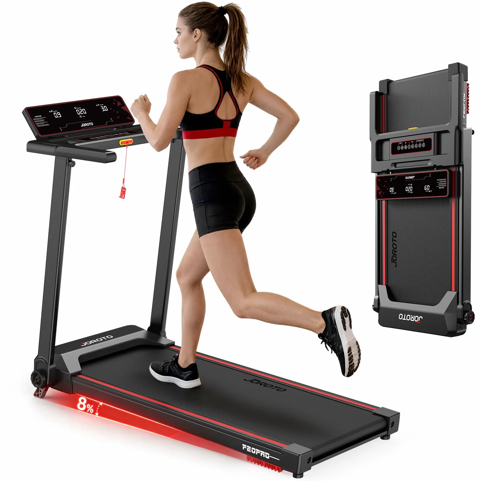 JOROTO Tapis Roulant Pieghevole per Casa, Motore 2,5PS, Pendenza 8%, Velocità 1-12 KM/H, Nastro Largo, Display LED, Portata Max 130KG, Compatto con Maniglie per Camminare e Correre