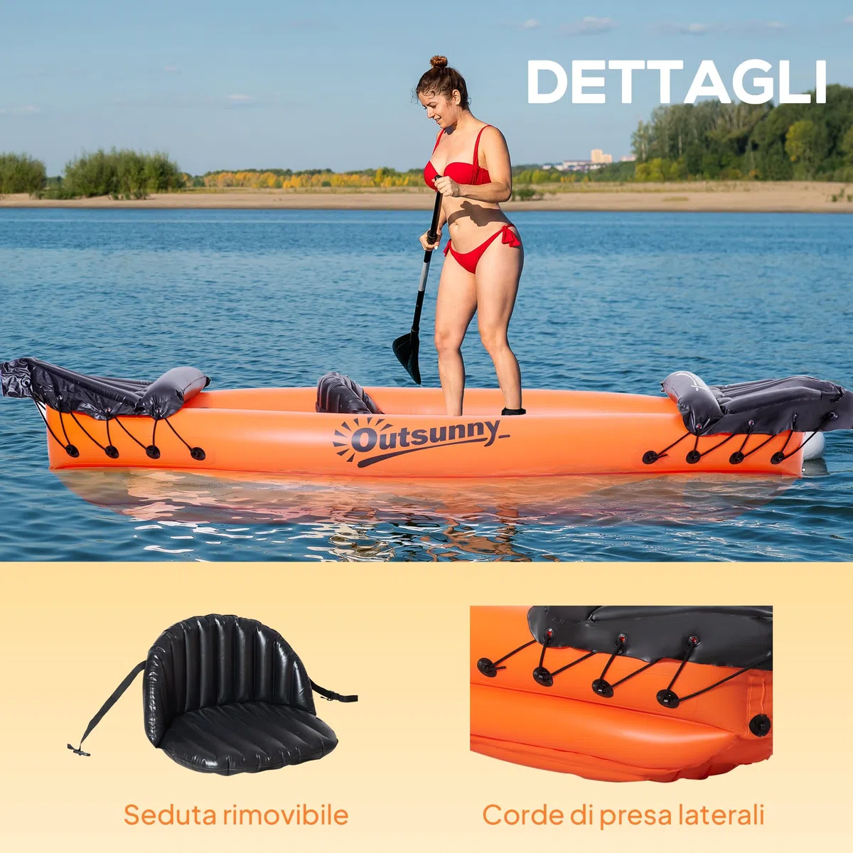 Outsunny Canoa Gonfiabile 1 Posto Kayak con Remo in Alluminio, Kit Riparazione e Pompa per Gonfiaggio, Arancione