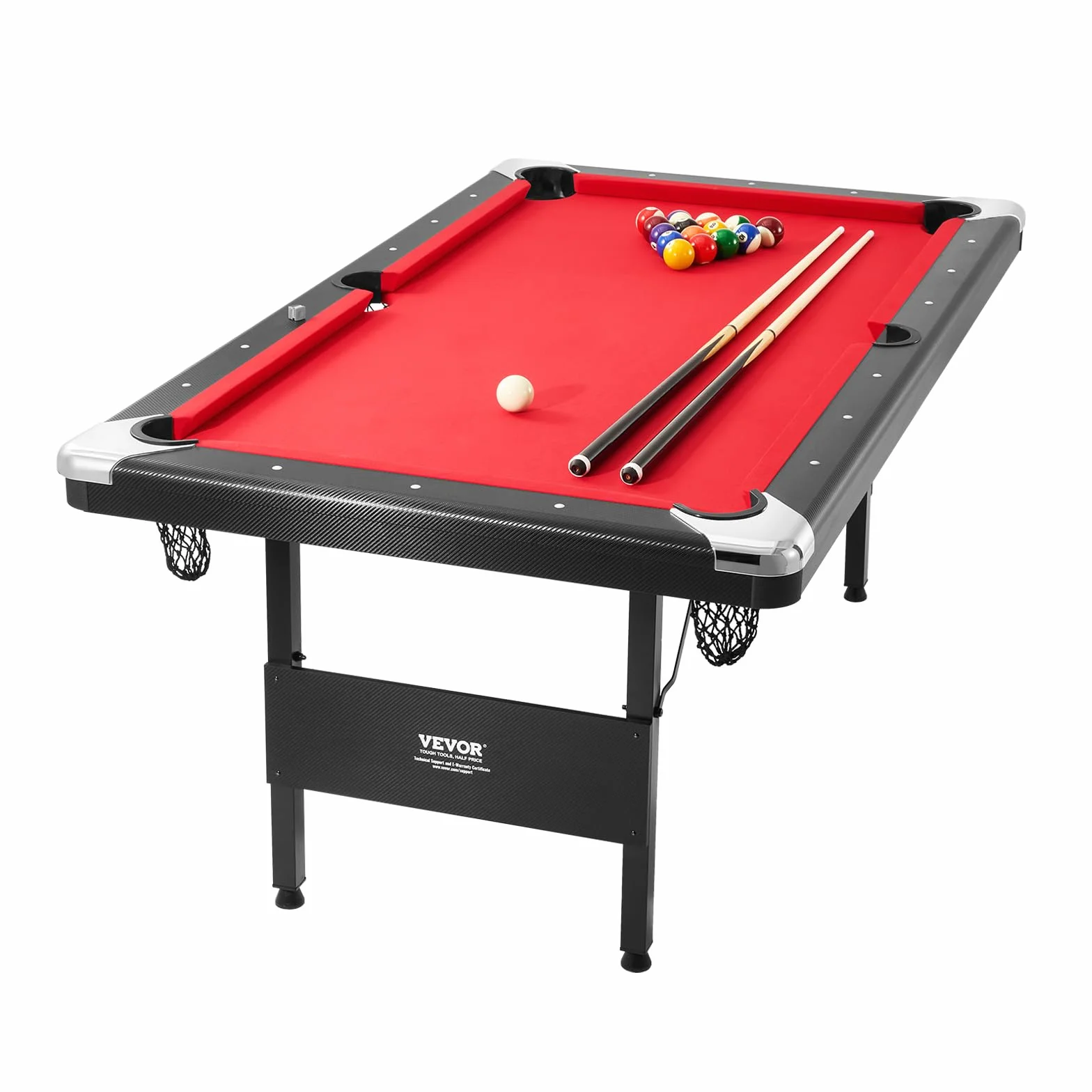 VEVOR Tavolo da Biliardo 1,9 m, Tavolo Portatile e Pieghevole, Set da Biliardo con Palline, Stecche, Gesso, Nero con Panno Rosso, Perfetto per la Sala Giochi della Famiglia, Bambini e Adulti