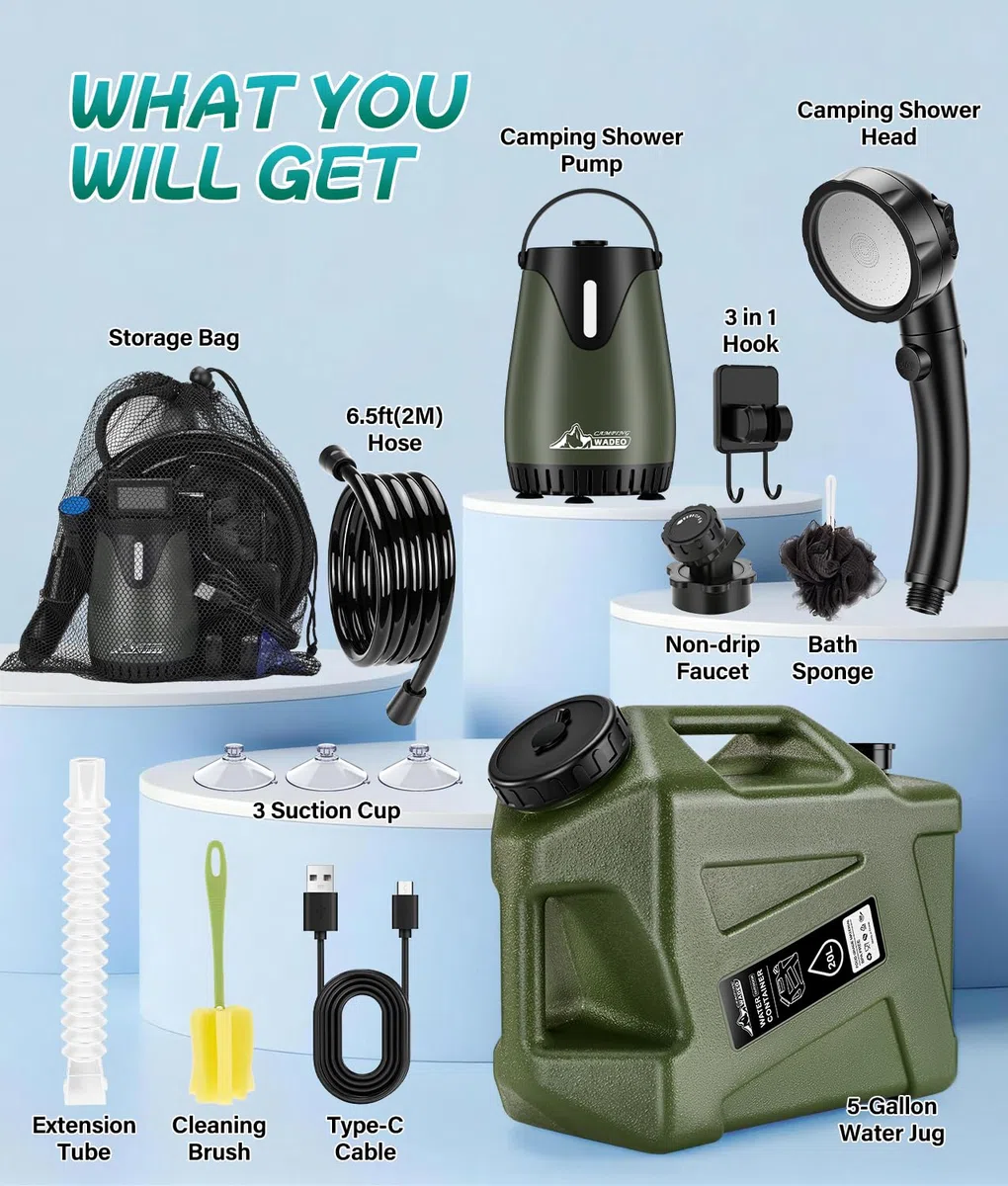 WADEO Doccia Portatile da Campeggio Aggiornata, [Pompa con Maniglia] [Serbatoio Acqua Stabile da 20L], Kit Doccia da Esterno Ricaricabile per Escursionismo, Festival, Cane, Camper
