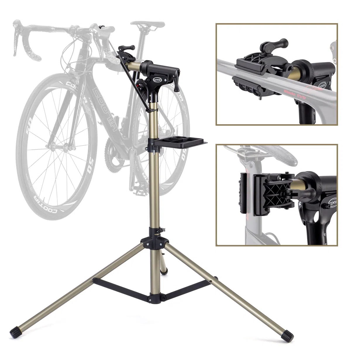 Supporto per il montaggio della bicicletta con vassoio magnetico per attrezzi, carico fino a 60 libbre, in lega di alluminio, regolabile in altezza, pieghevole e testa di serraggio girevole a 360°