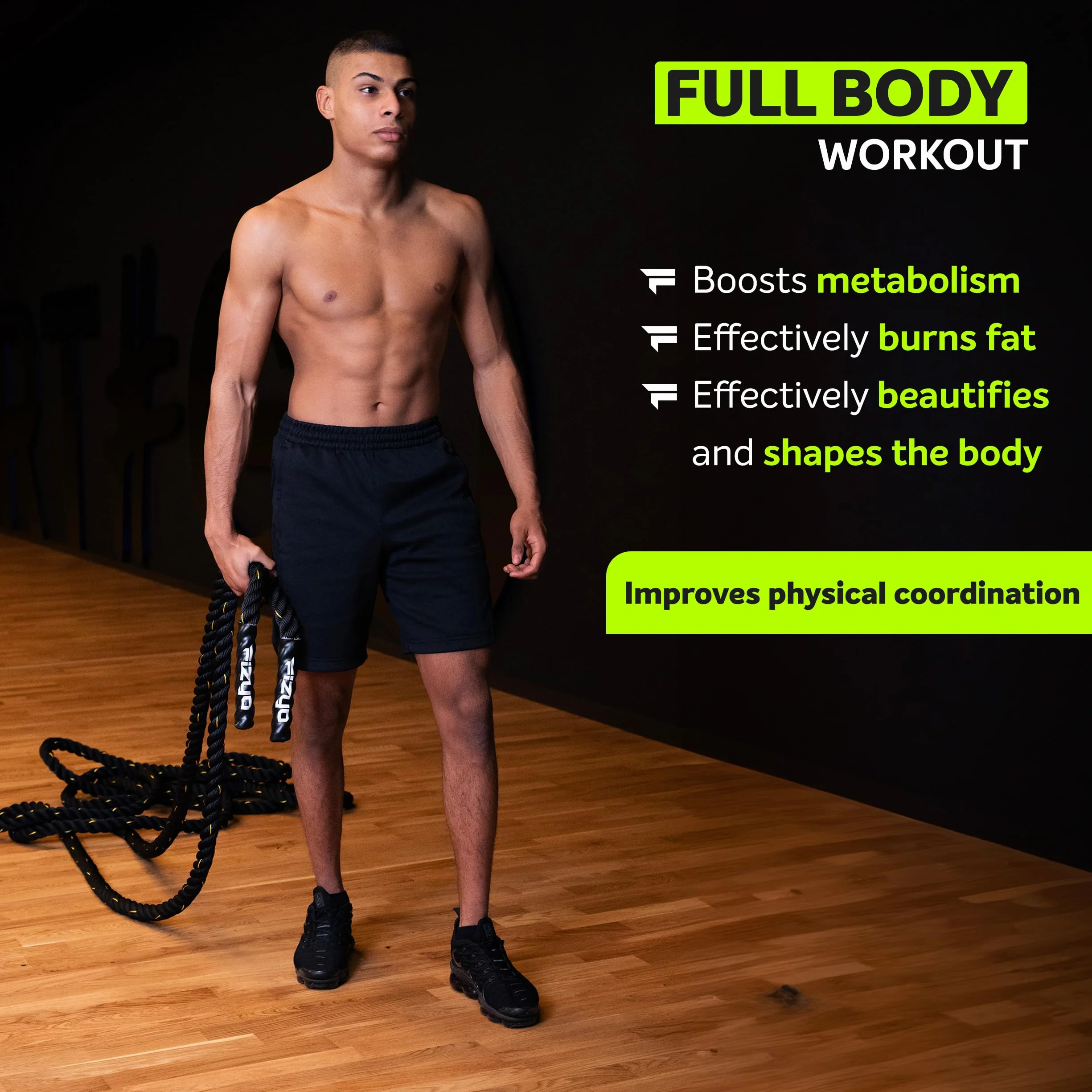 FIZYO Battle Rope – Corda da Allenamento Robusta per Functional Training, Cross Training, Forza e Resistenza – Diametro 3,8 cm, Costruzione a 3 Fili – Home Gym & Outdoor (9m)