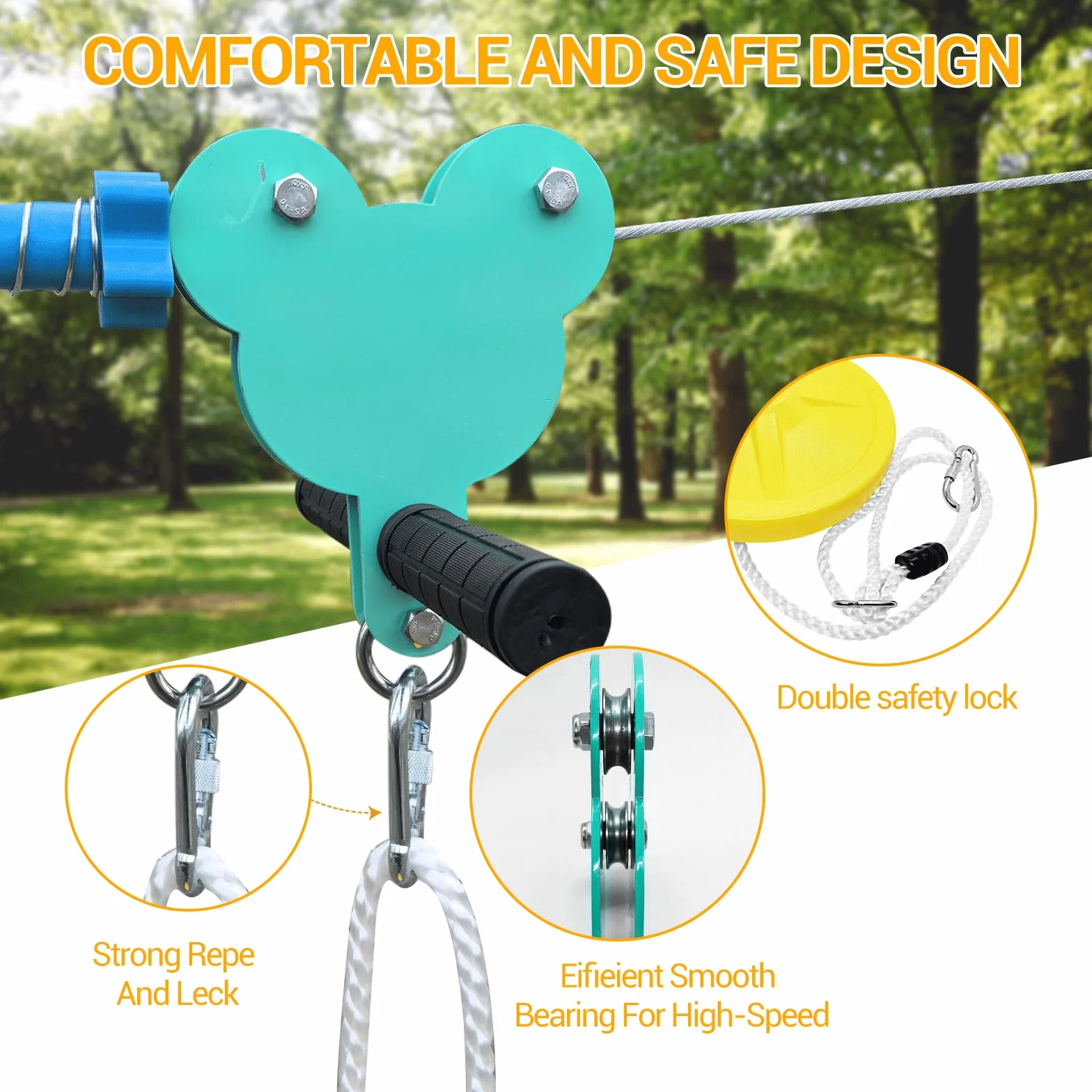 Slackline Zipline 24 m 80 piedi per bambini e adulti, gioco di avventura nel cortile, facile installazione, fino a 150 kg, resistente, cavo di sicurezza e freno a molla, giocattoli,Leone arancione